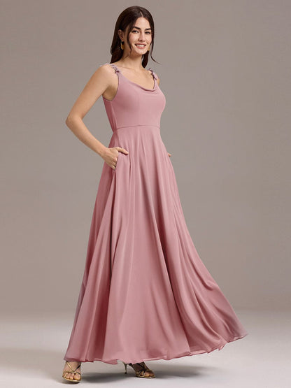 ever ZINNELLE|Flowy Chiffon Cowl Neck Backless A-Line Floral Strap Bridesmaids Dress