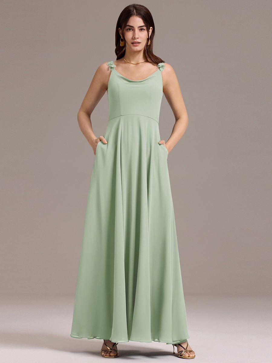 ever ZINNELLE|Flowy Chiffon Cowl Neck Backless A-Line Floral Strap Bridesmaids Dress