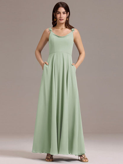 ever ZINNELLE|Flowy Chiffon Cowl Neck Backless A-Line Floral Strap Bridesmaids Dress