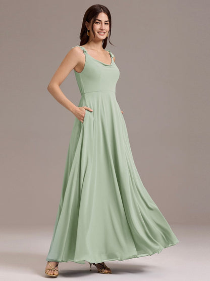 ever ZINNELLE|Flowy Chiffon Cowl Neck Backless A-Line Floral Strap Bridesmaids Dress