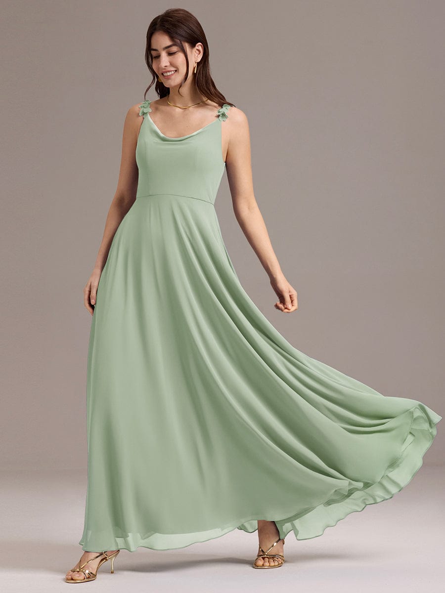ever ZINNELLE|Flowy Chiffon Cowl Neck Backless A-Line Floral Strap Bridesmaids Dress