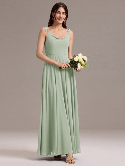 ever ZINNELLE|Flowy Chiffon Cowl Neck Backless A-Line Floral Strap Bridesmaids Dress
