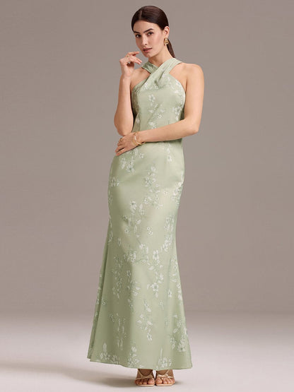 ever AZALEIA|Elegant Cross Halter Neck Floral Satin Bridesmaid Dress with Bow Back
