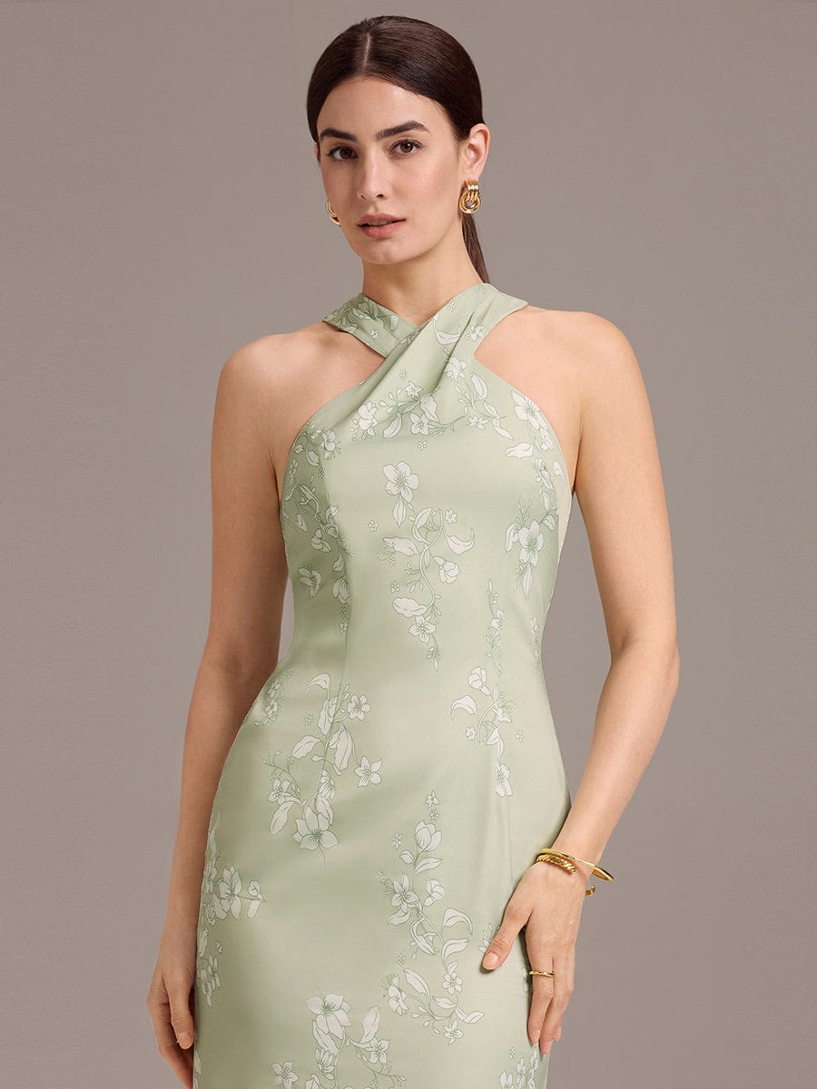 ever AZALEIA|Elegant Cross Halter Neck Floral Satin Bridesmaid Dress with Bow Back