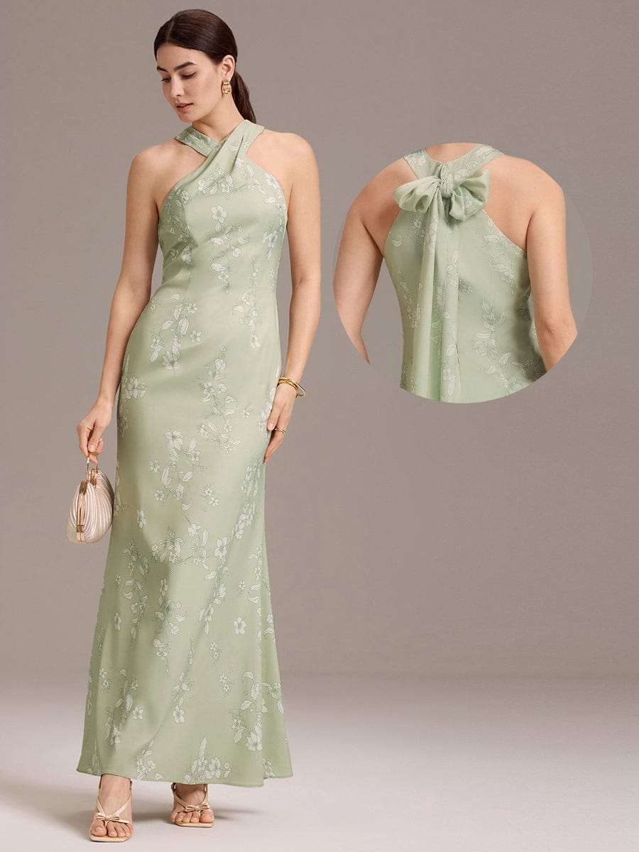 ever AZALEIA|Elegant Cross Halter Neck Floral Satin Bridesmaid Dress with Bow Back