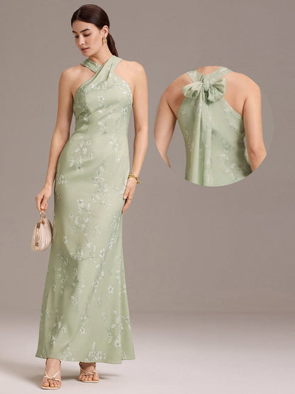 ever AZALEIA|Elegant Cross Halter Neck Floral Satin Bridesmaid Dress with Bow Back