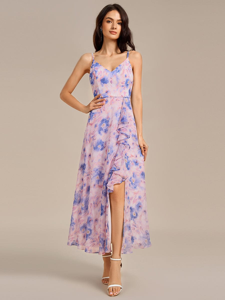 ever RUE|Ruffled Floral V-Neck A-line Maxi Side split Bridesmaid Dress