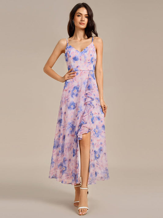 ever RUE|Ruffled Floral V-Neck A-line Maxi Side split Bridesmaid Dress