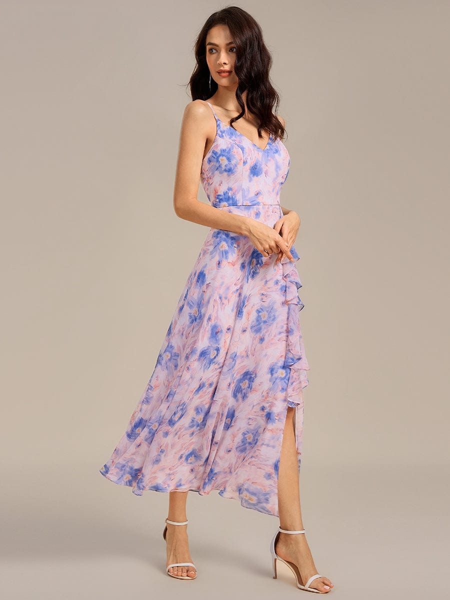 ever RUE|Ruffled Floral V-Neck A-line Maxi Side split Bridesmaid Dress