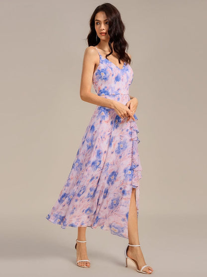 ever RUE|Ruffled Floral V-Neck A-line Maxi Side split Bridesmaid Dress
