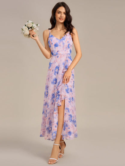 ever RUE|Ruffled Floral V-Neck A-line Maxi Side split Bridesmaid Dress