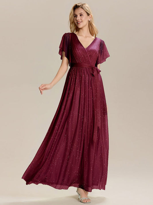 ever EMBERLY|Tie-Waist Ruffle Sleeve Maxi Bridesmaid Dress