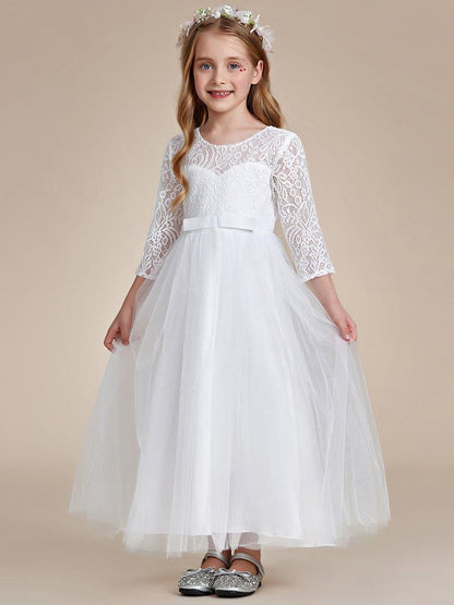 ISANNA|Charming Bow Lace Flower Girl Dress with Long Sleeves