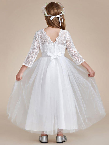 ISANNA|Charming Bow Lace Flower Girl Dress with Long Sleeves