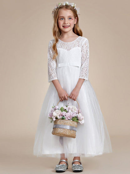 ISANNA|Charming Bow Lace Flower Girl Dress with Long Sleeves