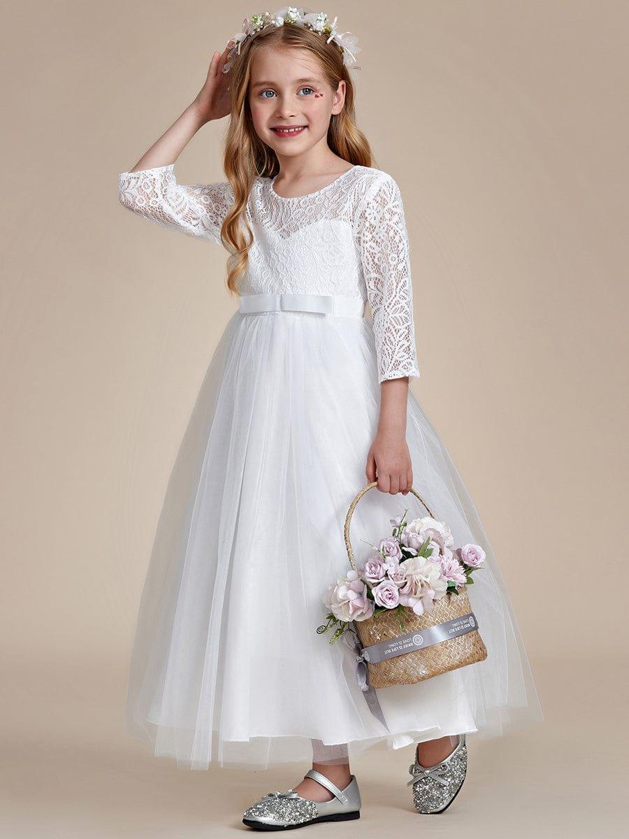 ISANNA|Charming Bow Lace Flower Girl Dress with Long Sleeves