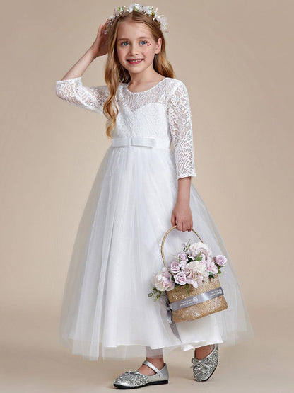 ISANNA|Charming Bow Lace Flower Girl Dress with Long Sleeves