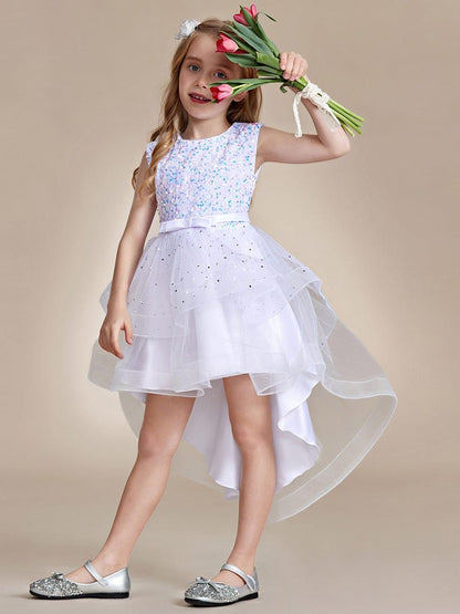 ADERELLA|Sequin Polka Dot Sleeveless High-Low Flower Girl Dresses