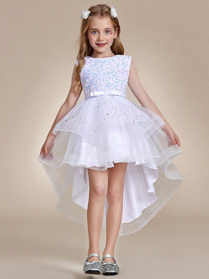 ADERELLA|Sequin Polka Dot Sleeveless High-Low Flower Girl Dresses