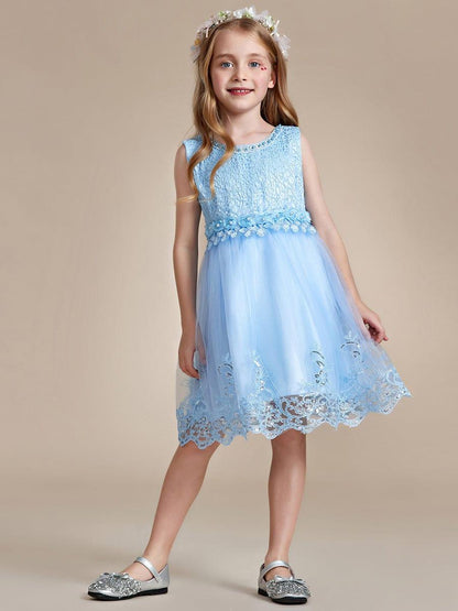 ELLARA|Beaded Lace Applique Sleeveless Flower Girl Dress With Back Bow-Knot