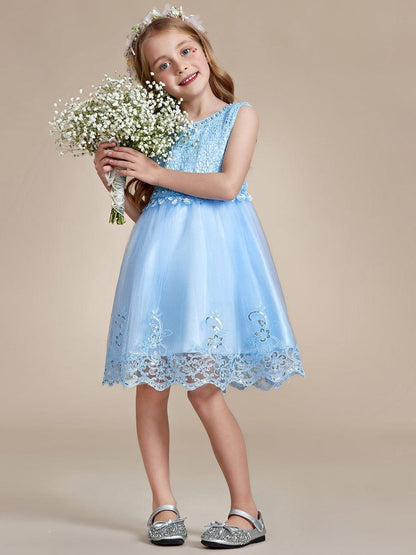 ELLARA|Beaded Lace Applique Sleeveless Flower Girl Dress With Back Bow-Knot