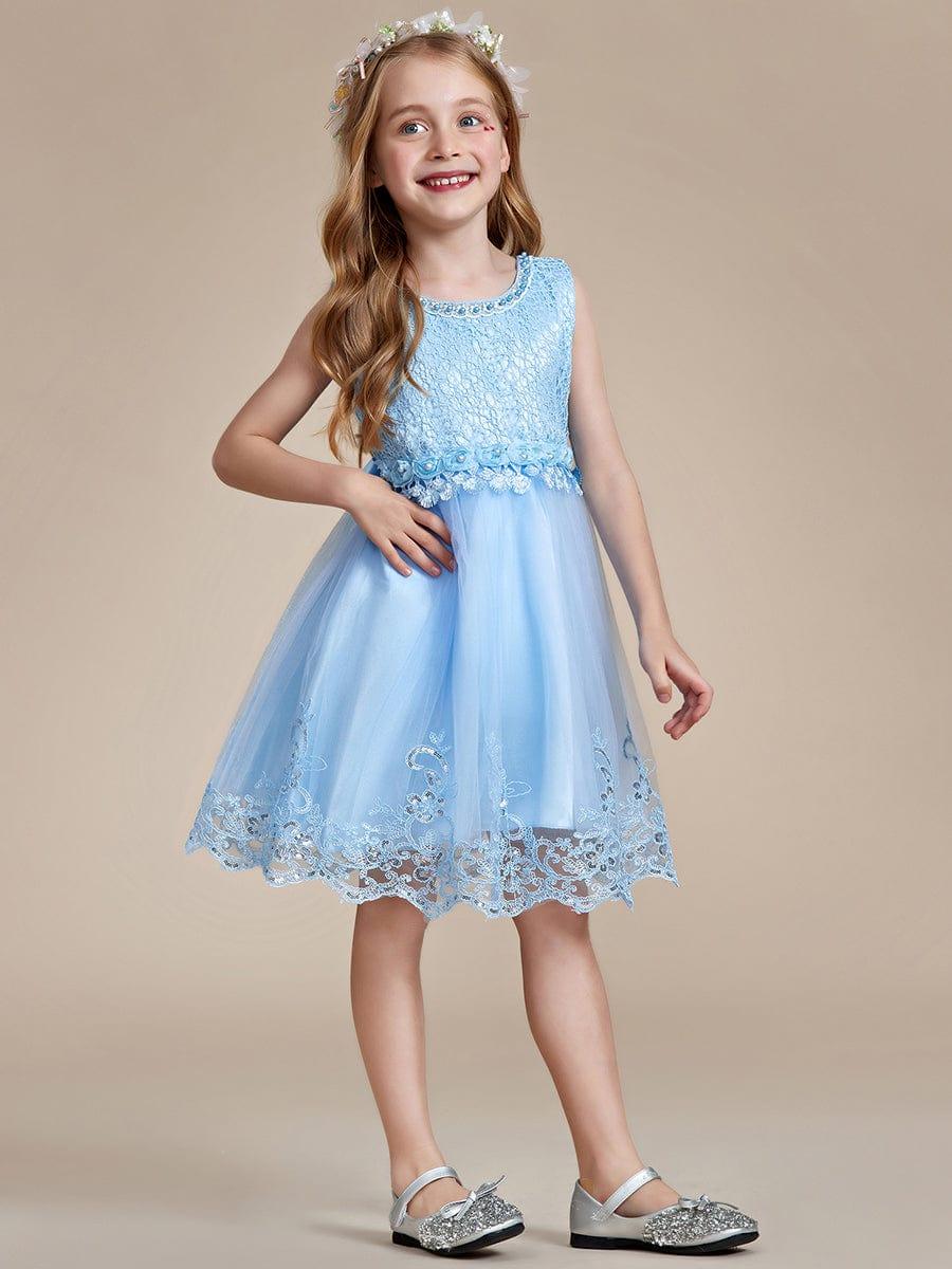 ELLARA|Beaded Lace Applique Sleeveless Flower Girl Dress With Back Bow-Knot