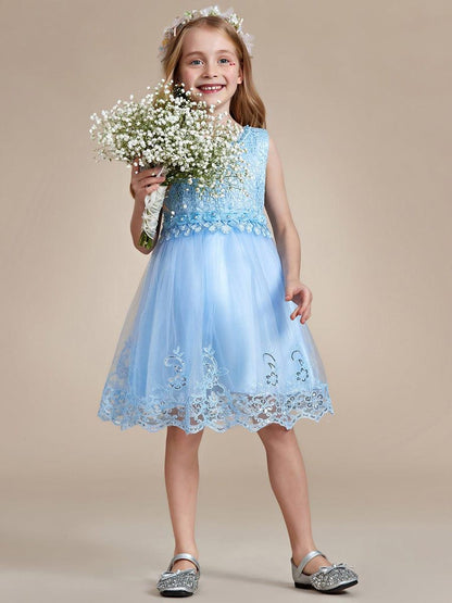 ELLARA|Beaded Lace Applique Sleeveless Flower Girl Dress With Back Bow-Knot
