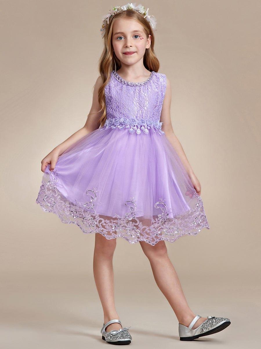 ELLARA|Beaded Lace Applique Sleeveless Flower Girl Dress With Back Bow-Knot