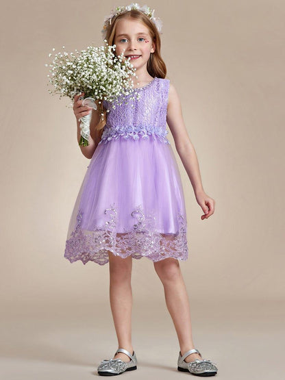 ELLARA|Beaded Lace Applique Sleeveless Flower Girl Dress With Back Bow-Knot