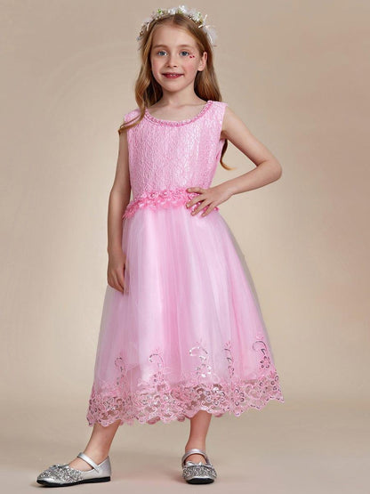 ELLARA|Beaded Lace Applique Sleeveless Flower Girl Dress With Back Bow-Knot
