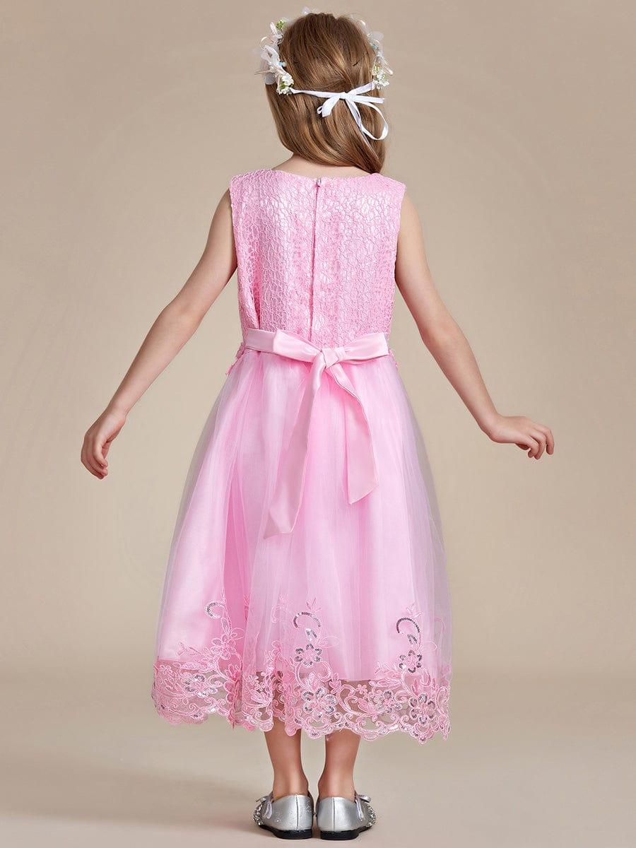 ELLARA|Beaded Lace Applique Sleeveless Flower Girl Dress With Back Bow-Knot