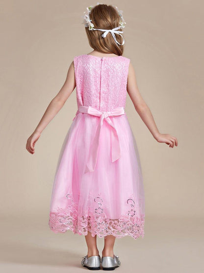 ELLARA|Beaded Lace Applique Sleeveless Flower Girl Dress With Back Bow-Knot