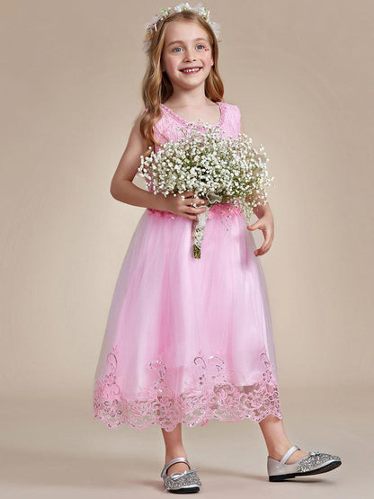 ELLARA|Beaded Lace Applique Sleeveless Flower Girl Dress With Back Bow-Knot