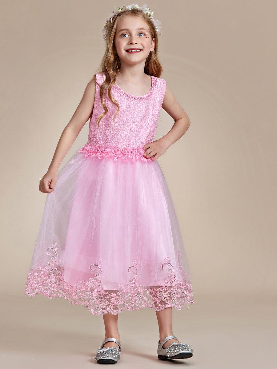 ELLARA|Beaded Lace Applique Sleeveless Flower Girl Dress With Back Bow-Knot