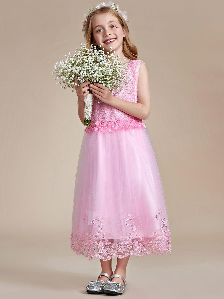 ELLARA|Beaded Lace Applique Sleeveless Flower Girl Dress With Back Bow-Knot