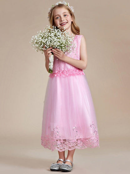 ELLARA|Beaded Lace Applique Sleeveless Flower Girl Dress With Back Bow-Knot