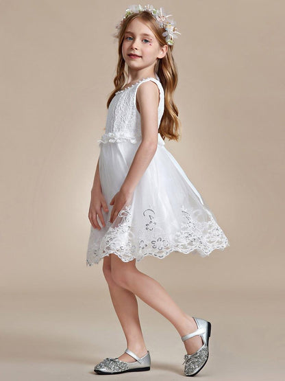 ELLARA|Beaded Lace Applique Sleeveless Flower Girl Dress With Back Bow-Knot