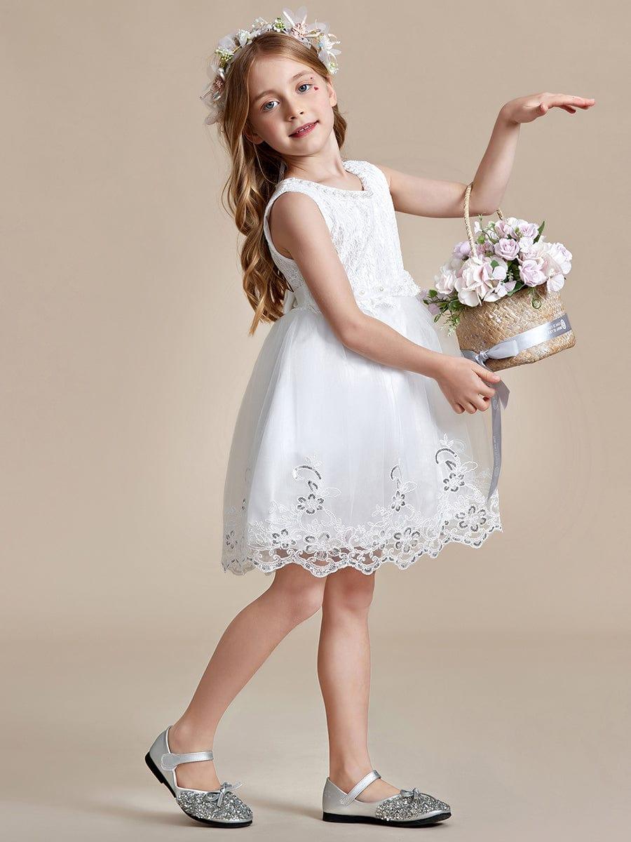 ELLARA|Beaded Lace Applique Sleeveless Flower Girl Dress With Back Bow-Knot