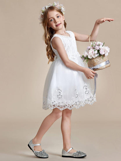 ELLARA|Beaded Lace Applique Sleeveless Flower Girl Dress With Back Bow-Knot