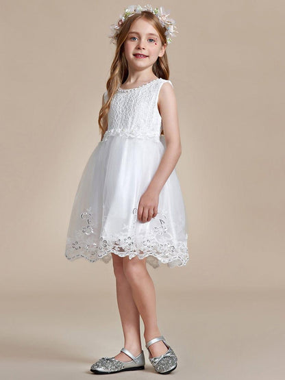 ELLARA|Beaded Lace Applique Sleeveless Flower Girl Dress With Back Bow-Knot