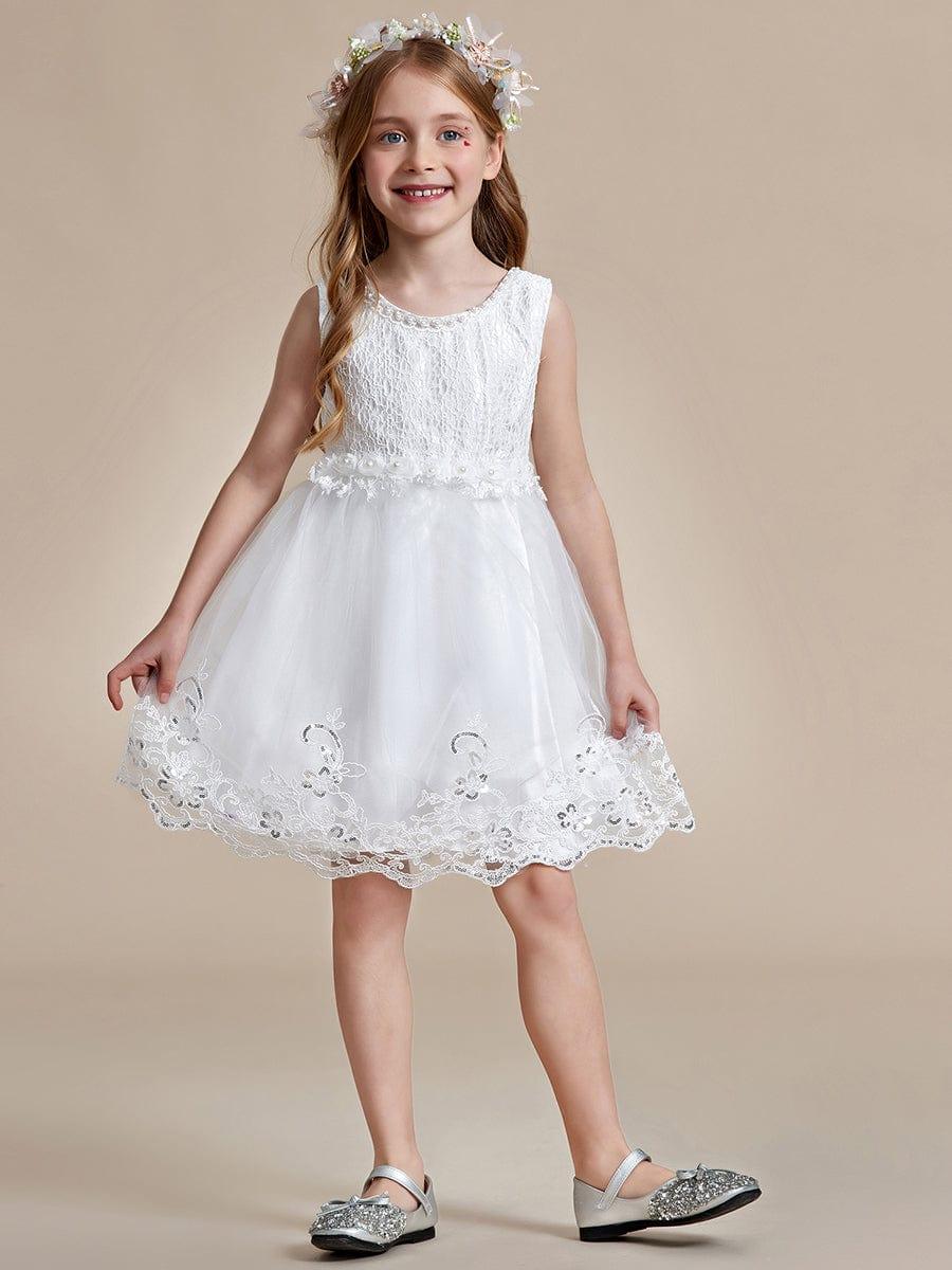ELLARA|Beaded Lace Applique Sleeveless Flower Girl Dress With Back Bow-Knot