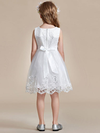 ELLARA|Beaded Lace Applique Sleeveless Flower Girl Dress With Back Bow-Knot