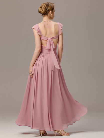 ever ELARA|Back-Tie Pleated Ruffles Sleeves Maxi Bridesmaid Dress