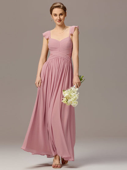 ever ELARA|Back-Tie Pleated Ruffles Sleeves Maxi Bridesmaid Dress