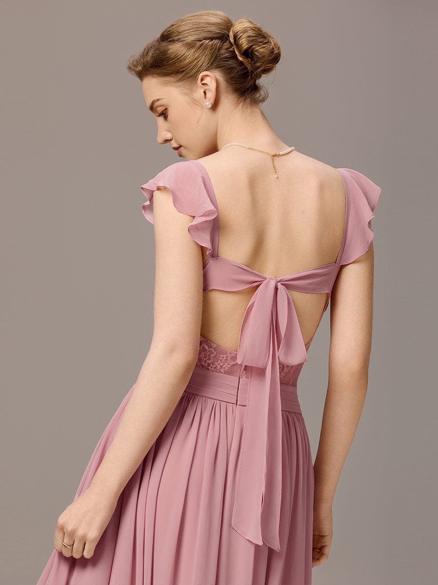 ever ELARA|Back-Tie Pleated Ruffles Sleeves Maxi Bridesmaid Dress