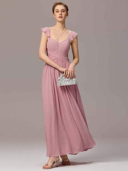 ever ELARA|Back-Tie Pleated Ruffles Sleeves Maxi Bridesmaid Dress
