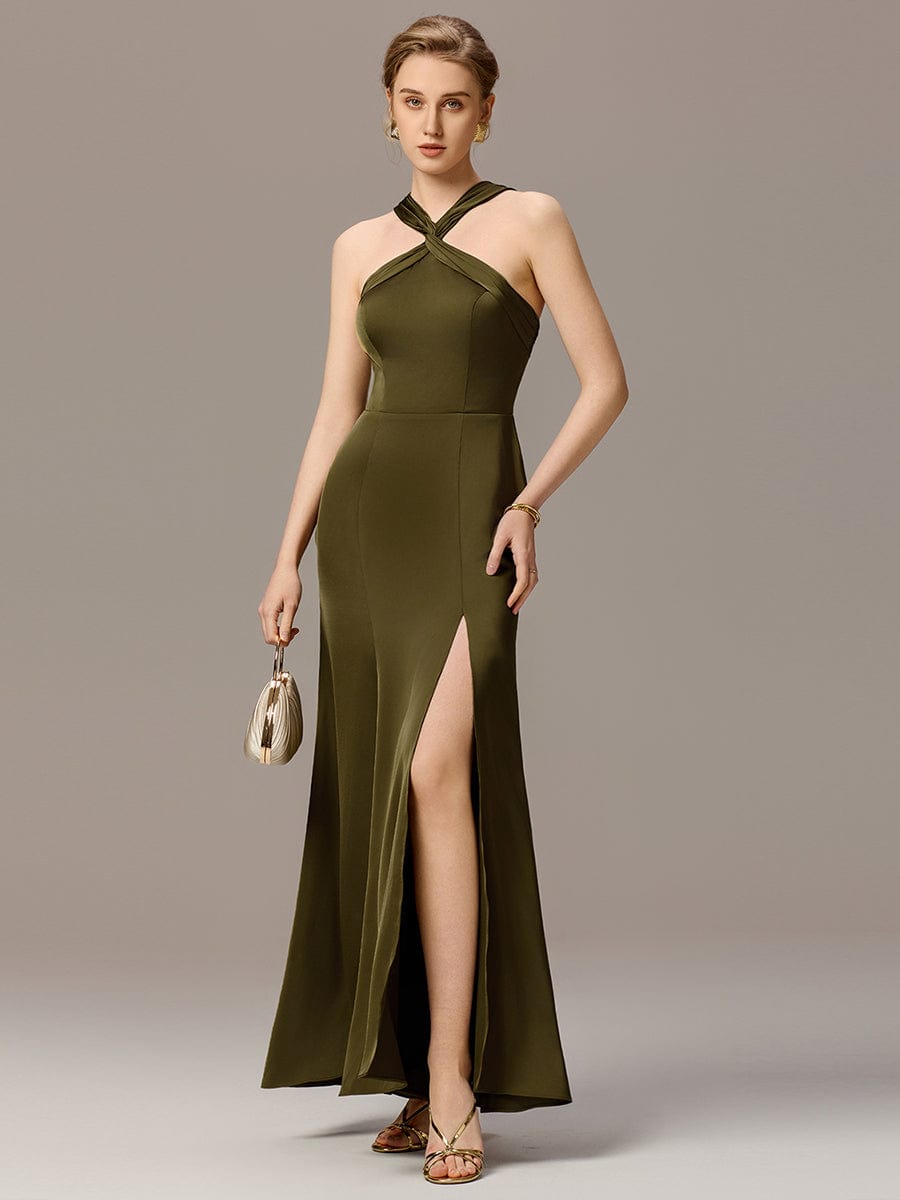 ever SELENE|Satin Cross Halter Sleeveless Maxi Bridesmaid Dress