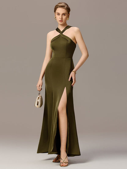 ever SELENE|Satin Cross Halter Sleeveless Maxi Bridesmaid Dress