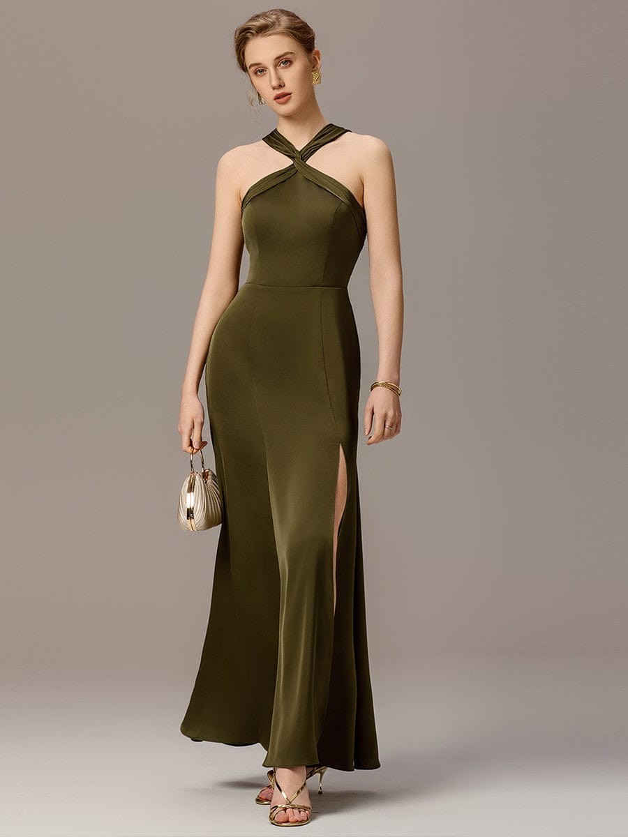 ever SELENE|Satin Cross Halter Sleeveless Maxi Bridesmaid Dress