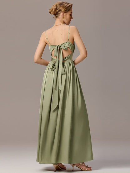 ever VERA|Satin Pleated Back-Tie Sleeveless Maxi Bridesmaid Dress